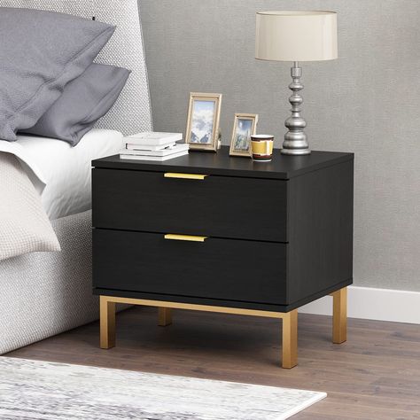 PRICES MAY VARY. [Modern Design]: ECACAD nightstand features modern color combination, black wood grain board and gold legs create a modern charm. Perfect for upgrading room decoration [Ample Storage Space]: This 2 pull out drawers provide enough storage for your personal belongings and keep them away from dust. Also, the table top is perfect for daily-used stuffs like glasses, magazines, alarm clocks, desk lamp and more [Versatile Nightstand]: This nightstand is versatile with its classic shape Industrial Nightstand, Gold Nightstand, Side Table Black, Nightstand Storage, Table Sofa, Modern Nightstand, Locking Mechanism, Wood Nightstand, Table Black