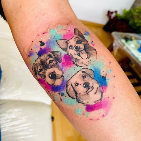 Watercolor Pet Tattoo, Tatoo Dog, Cat Portrait Tattoos, Pet Memorial Tattoo, Pet Tattoos, Green Tattoos, Princess Tattoo, Bunny Tattoos, Paw Tattoo