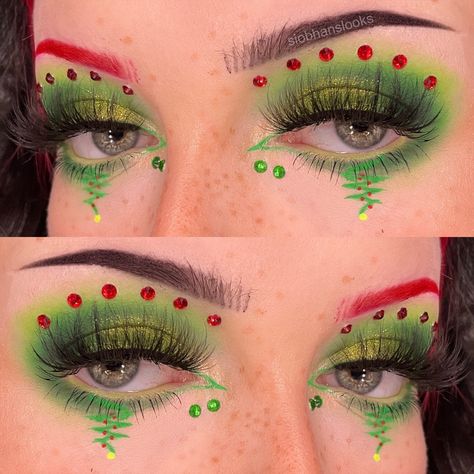 Christmas Makeup Alternative, Green Christmas Makeup, Grinch Inspired Makeup, Christmas Tree Makeup, Christmas Eyeliner Looks, Christmas Eyeshadow Looks, Christmas Eyeshadow, Christmas Eye Makeup, Green Eyeliner