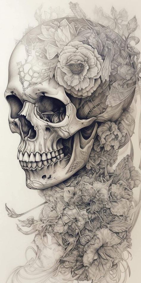 Pretty Skull Drawing, Head Drawing Ideas, Skull With Flowers Drawing, Skull Head Drawing, Skull And Flowers, Skull With Flowers, Head Drawing, Skull Art Drawing, Skulls Drawing