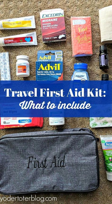 Accidents and sickness happen at home and away. Before leaving for international travel, you may want to consider packing a first aid kit. Here's what our family included in our travel medicine bag. Travel Medicine, Medicine Kit, Carry On Bag Essentials, Travel Essentials Men, Travel Essentials List, Medicine Bag, Travel Essentials For Women, Road Trip Essentials, Packing List For Travel