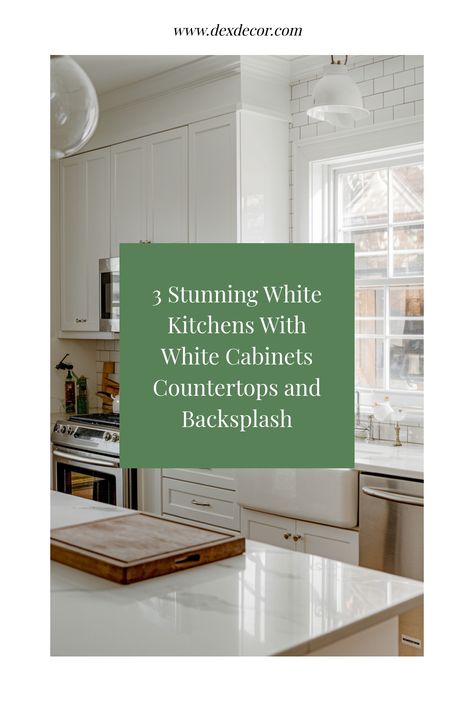 Elegant white kitchen with white cabinets, countertops, and backsplash. Kitchens With White Countertops, White Cabinet Countertop Ideas, White Slab Kitchen Cabinets, Modern Kitchen With White Cabinets, Kitchens With White Cabinets, White Marble Backsplash, Countertops And Backsplash, Farmhouse Chic Kitchen, Kitchen With White Cabinets