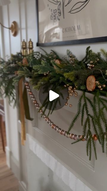 Christmas Lights On Mantle, Mantel Christmas Garland, Mantel Ideas For Christmas, Christmas Garland Fireplace Mantle Ideas, Christmas Mantle With Candles, Nativity Mantel Ideas, Christmas Decor For Fireplace Mantel, Brass Christmas Decor, Garland Christmas Decor Ideas