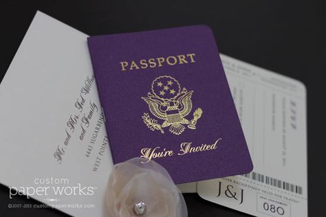 Small Business Promotion, Wedding Invitations Passport, Purple Passport, Diplomatic Passport, Passport Save The Date, Elegant Business Cards Design, Purple And Gold Wedding, Passport Invitations, Passport Wedding Invitations