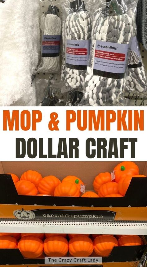 Mop Head Pumpkins, 5 Minute Halloween Crafts, Dollar Store Fall Crafts Diy Outdoor, Dollar Tree Pumpkin Centerpiece Diy, Diy Halloween Crafts Dollar Tree, Mop Head Pumpkins Diy, Faux Pumpkin Crafts, Thanksgiving Outside Decor, Mom Craft Ideas