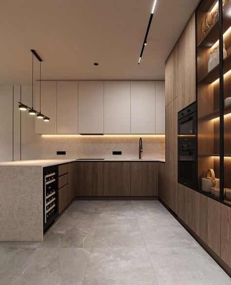 Kitchen Laminate Colour Combinations, Beige And Black Kitchen, Modern Brown Kitchen, Minimalist Kitchen Cabinets, Minimal Kitchen Design, Kitchen Design Small Space, Small Apartment Interior, Modern Kitchen Interiors, Casa Container