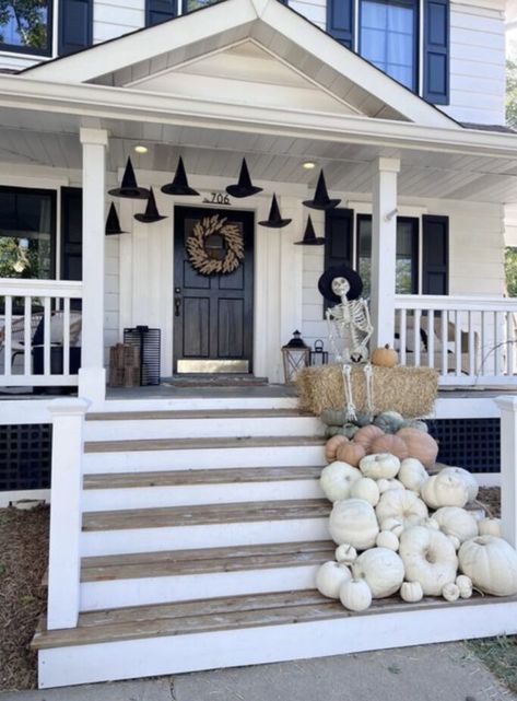 We are sharing over 53 epic Halloween front porch decor ideas that you are going to want to replicate! These are all gorgeous and so fun for Fall and Halloween! Witches Hats Front Porch, Witch Aesthetic Outdoor Decor, Witch Halloween Front Porch, Exterior House Halloween Decorations, Witch Hats On Porch, Witch Hat Porch Decor, Floating Witch Hats Porch, Witches Hats Decorations, Witchy Front Porch