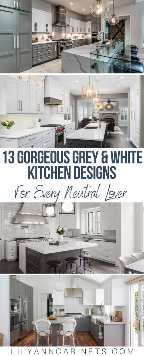 The grey and white kitchen: timeless, chic, yet simple. This color scheme is highly agreeable—whether your style is modern, traditional, transitional or even farmhouse, the grey and white color scheme is sure to please. Many of our customers bring us design ideas for their own grey and white kitchen remodel from Pinterest or Houzz, so we figured it would be helpful to compile some of our favorite ideas in one place. White Cabinets Kitchen Gray Floors, Dark Gray Bottom Cabinets White Upper, White Kitchen Grey Flooring, White Kitchen Cabinets With Grey Floors, Contemporary Kitchen Colors Schemes, New Kitchen Ideas Modern, Kitchen Ideas With Gray Flooring, Gray And White Kitchens, Bathroom Renovation Inspiration