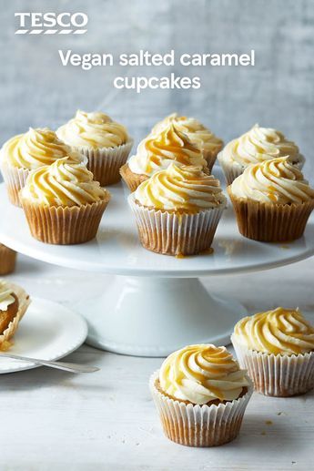 You can have your cake (and eat it, too) with this delicious vegan cupcakes recipe. With a hidden centre of vegan salted caramel and a swirl of caramel icing, these gorgeous cakes are sweet, sticky and definitely moreish. | Tesco Vegan Cupcake Recipes, Healthy Vegan Dessert, Vegan Salted Caramel, Salted Caramel Cupcakes, Cheesecake Vegan, Caramel Icing, Caramel Cupcakes, Tesco Real Food, Vegan Cake Recipes