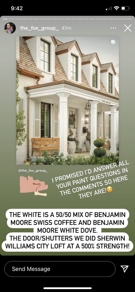 Swiss Coffee Exterior, Island House Exterior, Entry Benches, Colonial Renovation, White Exterior Paint Colors, Oak Knoll, Top Paint Colors, Flip Ideas, Swiss Coffee