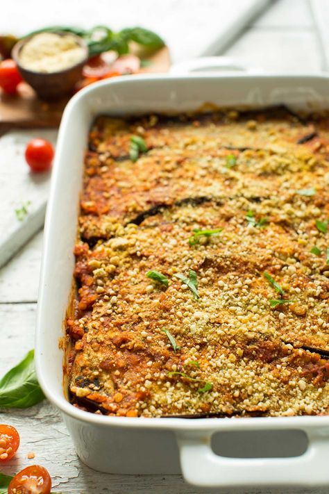 Satisfying, healthy eggplant lasagna with lentil marinara. Made with just 10 ingredients, this is the perfect plant-based, gluten free entrée! Healthy Eggplant Lasagna, Red Lentil Recipes, Lentil Recipe, Gluten Free Entrees, Healthy Eggplant, Eggplant Lasagna, Lentil Recipes, Red Lentil, Casserole Dish