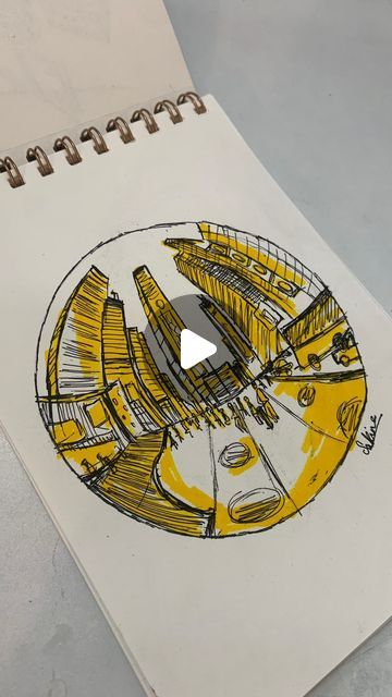 Sakina on Instagram: "the cityyy . . . . . . fisheye perspective . . . . . .  #stopmotion #stopmotionart #sketchbook #sketching #sketchbookpage #sketchbookdrawing #draw #drawing #artinspiration #artist #art #artgallery #artreel #perspectiveart #fisheye [art, fisheye perspective, stop motion art, sketchbook]" Fisheye Art Tutorial, Fisheye Building Drawing, Drawing Fish Eye Perspective, Fish Eye City Drawing, Art Fish Eye Perspective, Fisheye Art, Fisheye Perspective, Motion Art, Perspective Art