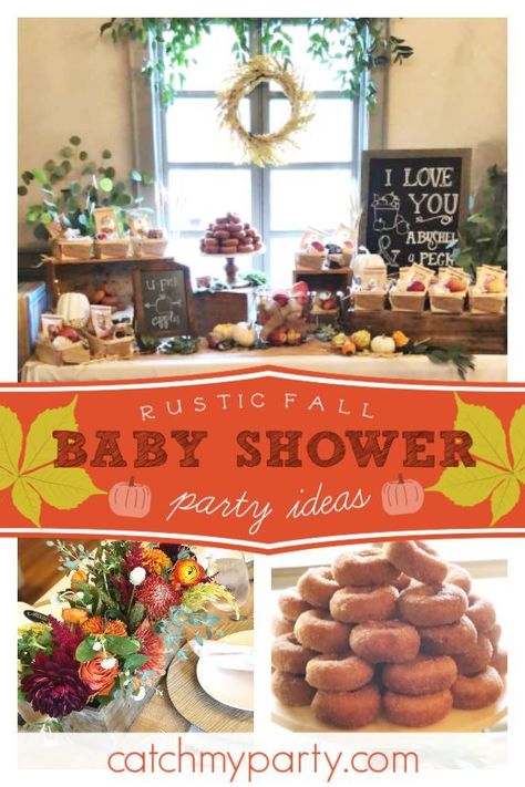 Feast your eyes on this wonderful rustic fall themed baby shower! Loving the pumpkins and floral arrangements! See more party ideas and share yours at CatchMyParty.com #catchmyparty #partyideas #fallparty #fallbabyshower #babyshower #harvest #rusticbabysh Fall Baby Shower Food, Babyshower Dress, Fall Baby Shower Decor, Lil Pumpkin Baby Shower, November Baby Shower, Ginger Baby, Fall Baby Shower Themes, October Baby Showers, Rustic Party