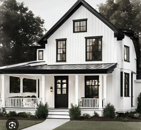 Black And White House Exterior With Pop Of Color, White Board And Batten Exterior Black Trim, Black And White Morton Building, Light House Exterior With Dark Trim, Black And White Houses Exterior Modern, Vertical White Siding Exterior, White House Black Window Trim, White Home Exterior With Black Trim, Black Front Door White House