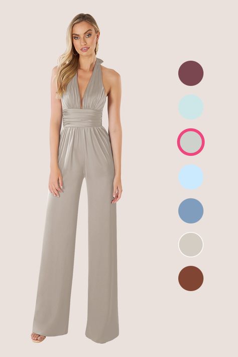 Skip the bridesmaid dress and opt for the chic and sleek comfort of our Oli jumpsuit, perfect for the modern bridesmaid. Go backless with our eye-catching deep V-neckline halter, featuring an elegant bow closure. We designed this with a pleated waistband and palazzo pants to keep you feeling breezy all night long. Silver Bridesmaid Dress, Silver Bridesmaid Dresses, Modern Bridesmaid, Stretch Satin Dress, Silver Bridesmaid, Satin Jumpsuit, Azazie Bridesmaid Dresses, Satin Bridesmaid Dresses, Stretch Satin