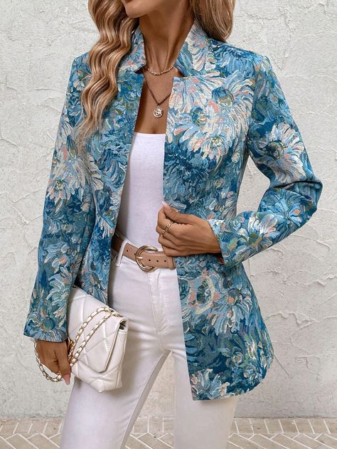 Women's Fashion Floral Print Open Front Coat, Autumn And Winter   Women Jackets Fall Women Jackets Multicolor Casual  Long Sleeve Woven Fabric Floral,Plants,All Over Print Other Non-Stretch  Women Clothing, size features are:Bust: ,Length: ,Sleeve Length: Autumn Jacket Women, Floral Print Blazer, Mode Costume, Coat Autumn, Women Jackets, Woman Suit Fashion, Printed Blazer, Woolen Coat, Winter Jackets Women