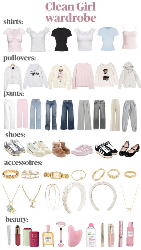 #cleangirl #cleangirlaesthetic #wishlist #wardrobe #outfit #autumn Clothing Must Haves For Teens, Clean Girl Wardrobe Essentials, Good Wardrobe Aesthetic, Teen Girl Capsule Wardrobe, 13 Birthday Outfit, Clean Girl Wardrobe, Vinalla Girl Outfit Ideas, Stater Pack Girl Outfit, Cleangirlaesthetic Outfits