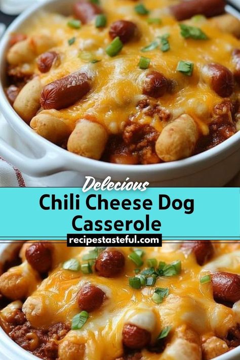 A fun and delicious twist on the classic hot dog, this casserole combines sliced hot dogs, chili, and crispy tater tots, all topped with melted cheese. Perfect for game day or a casual family dinner. Hot Dogs Chili, Chili Dog Casserole, Chili Cheese Dog Casserole, Chili Dog, Chili Cheese Dogs, Cheese Dog, Cheese Sausage, Tater Tots, Chili Cheese