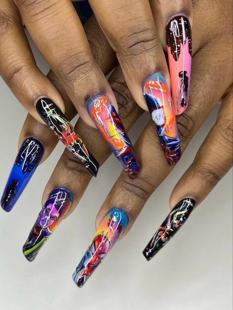 Across the spiderverse nail set on black girls with lipstick shaped nails. Long gel x nails set. Fan art on nails. Nail Inspo, Spiderman, Nails, Quick Saves