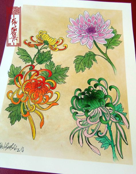 Tattoo Flash Art by Paulo Barbosa - Ariuken Art on Facebook Flash Art Wallpaper, Flower Flash Art, Chrysanthemum Japanese, Flower Flash, Tato Flash, Tato Tradisional, Vintage Tattoo Art, Traditional Tattoo Flash Art, Traditional Tattoo Flowers