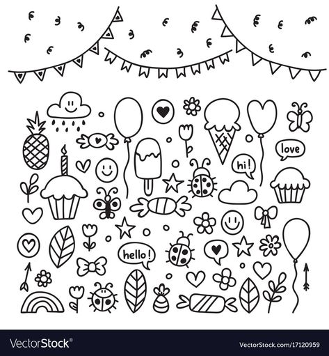 Birthday Doodles Hand Drawn, Happy Birthday Fonts Hand Drawn Simple, Birthday Doodles, Birthday Elements, Happy Birthday Font, Birthday Doodle, Birthday Illustration, Party Invite Design, Happy 60th Birthday