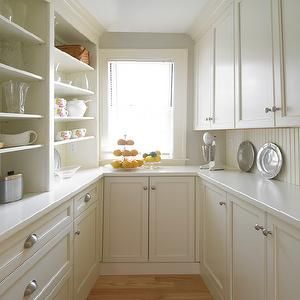 U Shaped Butlers Pantry - Contemporary - Kitchen - Clean Design ... Beadboard Kitchen Walls, Pantry With Window, Desain Pantry Dapur, Beadboard Kitchen, Cream Kitchen Cabinets, Pantry Room, Desain Pantry, Pantry Remodel, Kabinet Dapur