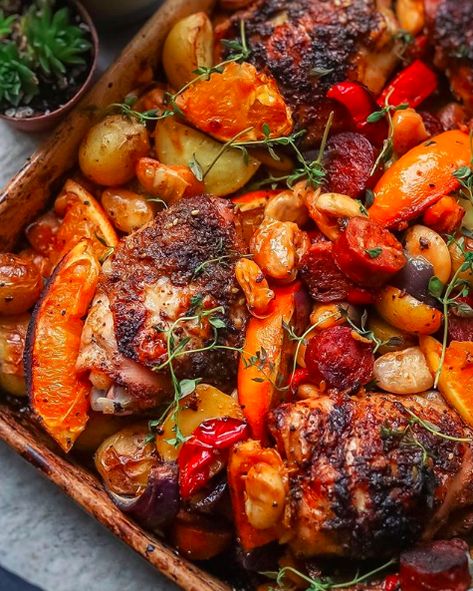 This recipe is featured in our Weekly Meal Planner Email Newsletter. Sign up for the meal plan Sunshine Chicken, Chicken Tray Bake Recipes, Chicken Tray Bake, Great Dinner Recipes, Canned Butter, Tray Bake Recipes, Tray Bake, Baked Dinner, Watercress Salad