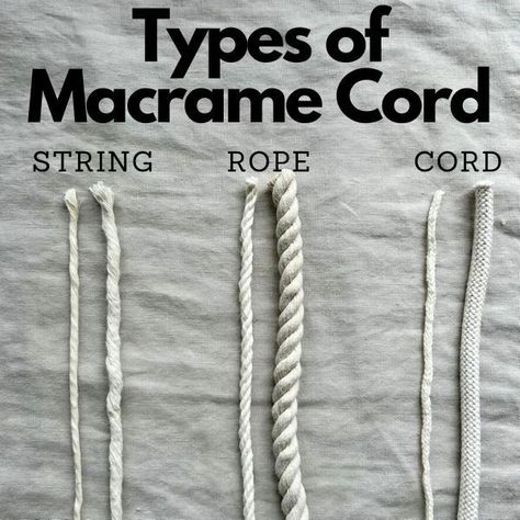 Choosing macrame cord for a project can be overwhelming, especially if you're a beginner. I have a tutorial that explains the types of cord, as well as thicknesses, and the best application for different macrame projects. Click the link to go to the free tutorial. Types Of Macrame Cord, What Size Macrame Cord To Use, Macrame Cord Size Chart, Macrame How To Tutorials, Crochet With Macrame Cord, Macrame Diy Beginners, How To Macrame For Beginners, Macrame Curtain Tutorial, Macrame Curtain Diy