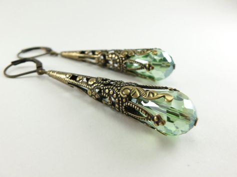 Amber Earrings Brass Filigree Leverback Teardrop by Jalycme Victorian Style Earrings, Peridot Earrings, Peridot Green, Classic Earrings, Long Dangle Earrings, Trendy Earrings, Green Earrings, Victorian Jewelry, August Birth Stone