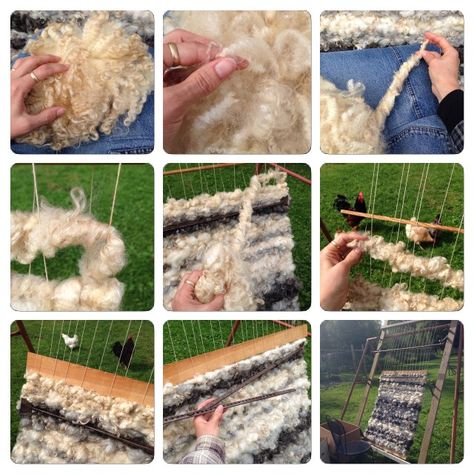 Weaving a Rug from Raw Fleece – Felting and Fiber Studio Homemade Loom, Fleece Crafts, Fleece Projects, Rag Rug Tutorial, Braided Rug Diy, Diy Wool, How To Weave, Rug Tutorial, Peg Loom