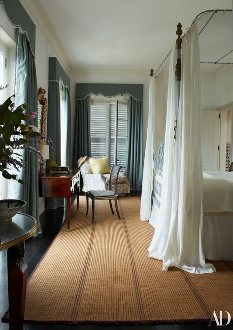 A guest room’s antique iron bed is curtained with a Volga Linen fabric. 19th-century French writing table with Regency chair; antique English armchair in a Robert Kime print; window treatments of a Claremont linen; antique Moroccan rug. Inteior Design, Veere Grenney, Antique Iron Beds, Iron Bed, Tangier, Moroccan Design, Interior Styles, Step Inside, Architectural Digest