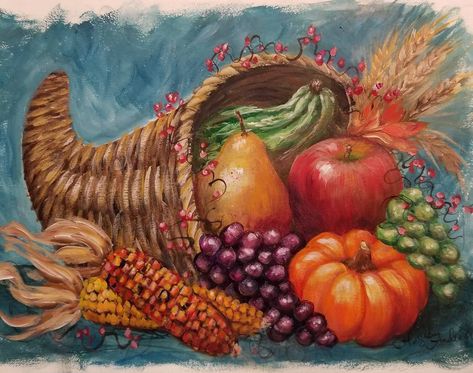 Cornucopia Acrylic Painting Tutorial available on Patreon (angelafineart) by Angela Anderson livestream interactive lesson October 29th @ 3pm CT Easy Thanksgiving Paintings, Thanksgiving Paintings On Canvas, Cornucopia Painting, Thanksgiving Painting Ideas, Thanksgiving Paintings, Harvest Watercolor, Kitchen Murals, Thanksgiving Painting, Angela Anderson