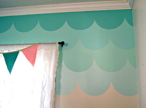 Ombre scallop accent wall - when you rent-to-own with Cove you can paint your walls before you even buy the house! Diy Mountain, Toddler Bathroom, Kids Bathrooms, Office Mural, Mermaid Bedroom, Ombre Wall, Mermaid Nursery, Mermaid Room, Babies Room