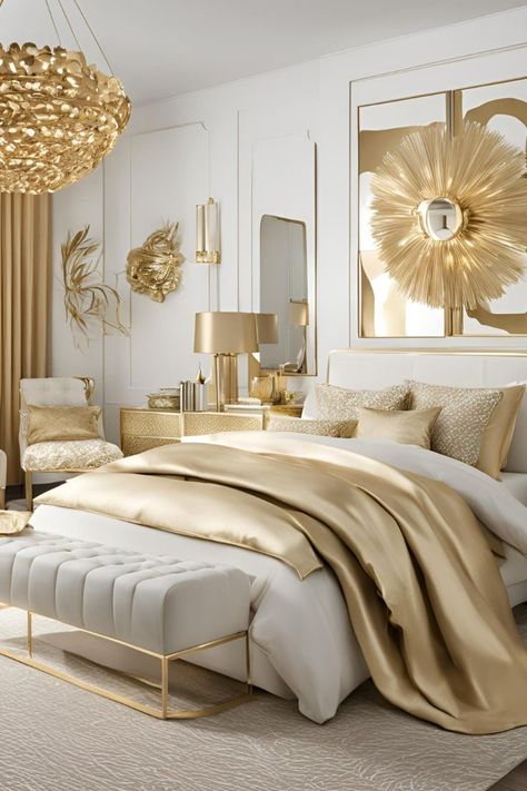 Modern Bedroom Gold Accents, White Gold Grey Bedroom, White And Gold Bedroom Elegant, Cream And Gold Bedroom Ideas, Gold And White Bedroom, Cream And Gold Bedroom, White And Gold Bedroom, White Gold Bedroom, Champagne Bedroom