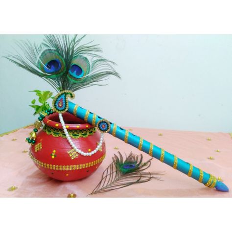 Basuri Krishna Flute Decoration, Flute Decoration Ideas Krishna, Matki Painting Ideas For Janmashtami, Basuri Flute Decoration, How To Decorate Krishna Janmashtami, Bansuri Decoration Ideas, Flute Decoration Ideas, Krishna Jayanthi Decoration Ideas, Matki Decoration Ideas For Janmashtami