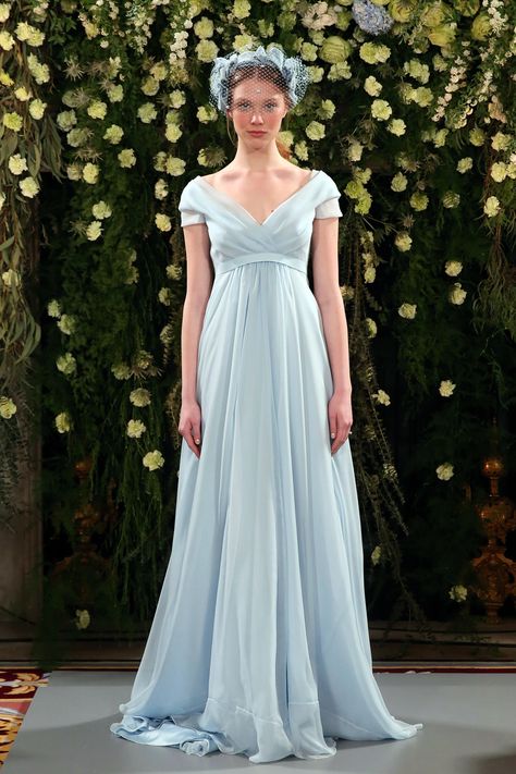 Pale blue wedding dress, Jenny Packham's 2019 collection launched at The Ritz in London, March 2018. Jenny Packham Wedding Dresses, Jenny Packham Bridal, Grey Wedding Dress, Wedding Dress Silhouette, Blue Wedding Dresses, Bridal Fashion Week, Wedding Dress Trends, Jenny Packham, Chiffon Gown