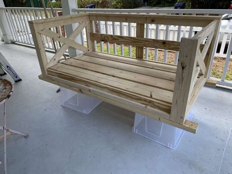 DIY Crib Mattress Porch Swing - With the Blinks Crib Mattress Porch Swing, Diy Crib Mattress, Diy Porch Swing Bed, Wooden Cooler, Hanging Daybed, Diy Porch Swing, Front Porch Swing, Porch Swing Bed, Diy Crib