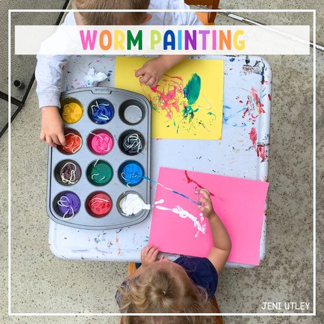 Worm Painting Activity for Preschoolers Insect Week Preschool Activities, Preschool Dirt Activities, Inch Worm Craft Preschool, Worm Lesson Plans Preschool, Worm Preschool Activities, Over In The Meadow Activities Preschool, Bug Week Preschool, Worm Activities For Kids, Bug Theme Activities