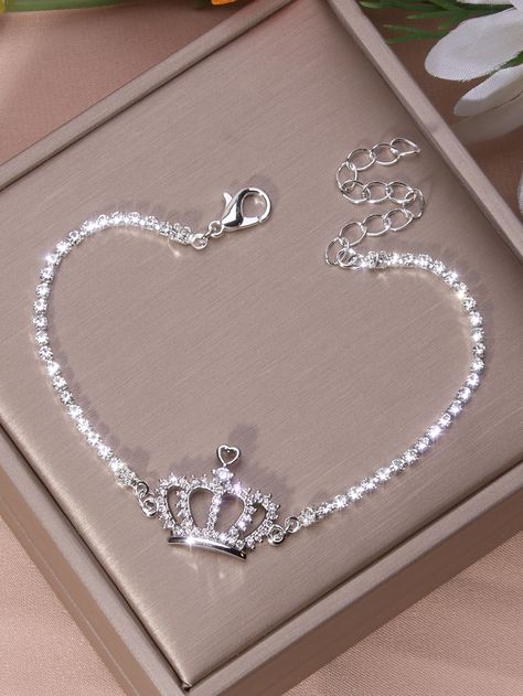 Silver Glamorous Collar  Glass   Embellished   Fashion Jewelry Board Engagement, Crown Bracelet, Crown Decor, Embellished Fashion, Fancy Jewellery Designs, Jewelry For Girls, Rhinestone Crown, Silver Crown, Chain Bracelets