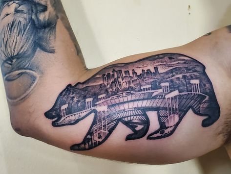 California bear with dodger stadium and downtown la in background California Bear Tattoo, California Bear Tattoos, California Bear, Bear Tattoo, Dodger Stadium, Celtic Tattoos, Skull Tattoo, California, Tattoos