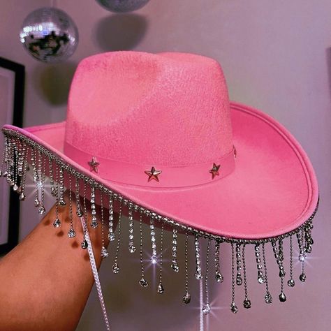 Disco babes pink cowboy hat with diamond trim. - Depop Karol G Cowboy Hat, Pink Space Cowgirl Hat, Diy Pink Cowboy Hat, Taylor Cowboy Hat, Cowboy Party Hat, Cowgirl Pink Hat, Sparkly Cowboy Outfit, Pink Sparkly Cowboy Hat, Glittery Cowboy Hat