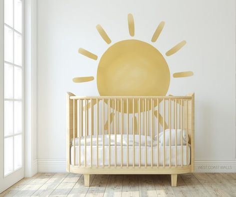 Large Full Size Painted Sun Removable Wall Decal / Oversized - Etsy Sun Wall Painting Nursery, Sunshine Wall Decals, Yellow Sun Nursery, Painted Sun On Wall, Sun Theme Room, Sun Nursery Theme, Sun Themed Nursery, Beach Playroom, Sunshine Nursery Theme