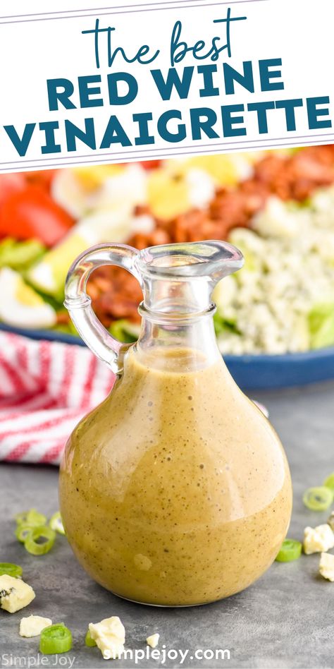 Red Wine Vinaigrette is such a simple salad dressing that you will absolutely love. Most of the ingredients are probably already in your pantry for this simple dressing. Easy Vinegarette Recipe, Creamy Red Wine Vinaigrette Dressing, Salad Dressing With Red Wine Vinegar, Vinegrette Dressing Recipes, Vinegrate Dressing, Vinergerette Dressing Recipe, Salad Vinaigrette Recipes, Vingerete Dressing Recipes, Red Wine Vinaigrette Dressing Recipe