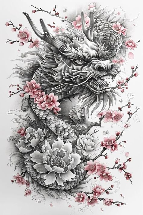 Female Tattoo Drawings, Chinese Dragon With Cherry Blossoms, Dragons Tattoo For Women, Japanese Water Dragon Tattoo, 2 Dragons Tattoo, Pretty Dragon Tattoo, Asian Tattoo Ideas, Asian Tattoos For Women, Dragon Tattoo Realistic