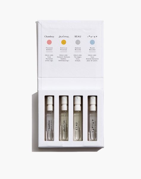 Madewell Fragrance Sampler Set in - Size ONE S Skincare Sample Packaging, Perfume Set Packaging, Perfume Package Design Boxes, Perfume Samples Packaging, Presentation Folder Design, Perfume Sampler Set, Perfume Box, Indigo Floral, Fragrance Packaging