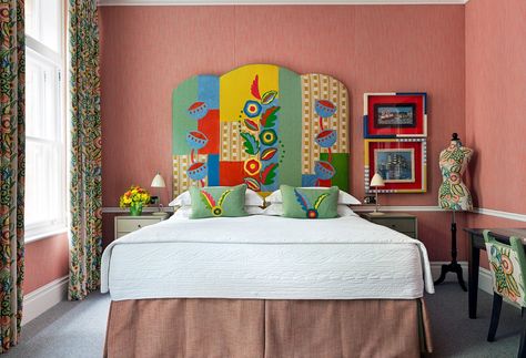 Big Headboard, Maximalist Bedrooms, Kit Kemp Headboards, Bespoke Headboards, Maximalist Bedroom, Firmdale Hotels, Kit Kemp, Suzani Bedspread, Tall Windows