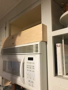 Diy Faux Hood Above Microwave, Small Wall Decor Ideas Kitchen, Above Microwave Ideas, Faux Hood Over Microwave, Range Hood Over Microwave, Faux Range Hood Over Microwave, Hood Above Microwave, Vent Hood Over Microwave, Microwave With Vent Hood