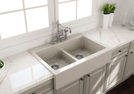 NUOVA 34D Farmhouse Short Apron Front Fireclay 34" Double Bowl Kitchen Sink for easy Retro-Fit - Biscuit Drop In Farmhouse Sink, Sink With Accessories, Apron Front Kitchen Sink, Double Kitchen Sink, Fireclay Farmhouse Sink, Apron Front Sink, Farmhouse Apron, Apron Sink, Farmhouse Aprons