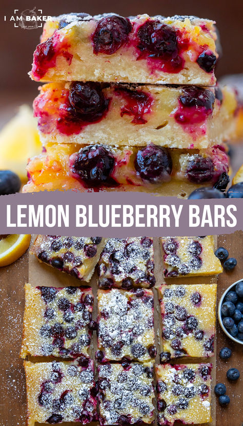 Lemon Blueberry Bars are baked dessert bars with a buttery, crumbly crust topped with a tangy lemon custard filling and juicy blueberries. Dust the bars with confectioners’ sugar for a sweet finishing touch. Blueberries Desserts, Blueberry Sweets, Lemon Custard Filling, Blueberry Lemon Bars, Easy Blueberry Desserts, Healthy Blueberry Recipes, Lemon Blueberry Bars, Easy Impressive Dessert, Cake Bars Recipe