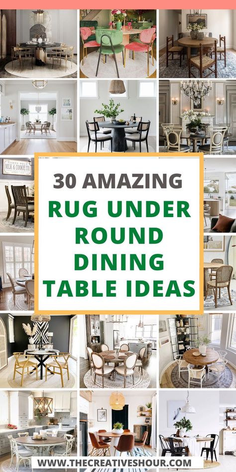 Discover stylish Rug Ideas to complement your round dining table. From patterns to textures, explore creative ways to enhance your dining space with comfort and visual appeal. Rug And Round Table, Round Jute Rug Dining Room, Round Rug Under Round Dining Table, Area Rug On Top Of Carpet Dining Room, Round Dining Table Farmhouse Decor, Area Rug For Round Dining Table, Round Dining Room Table With Rug, Round Kitchen Table Rug Ideas, Circular Dining Table Design